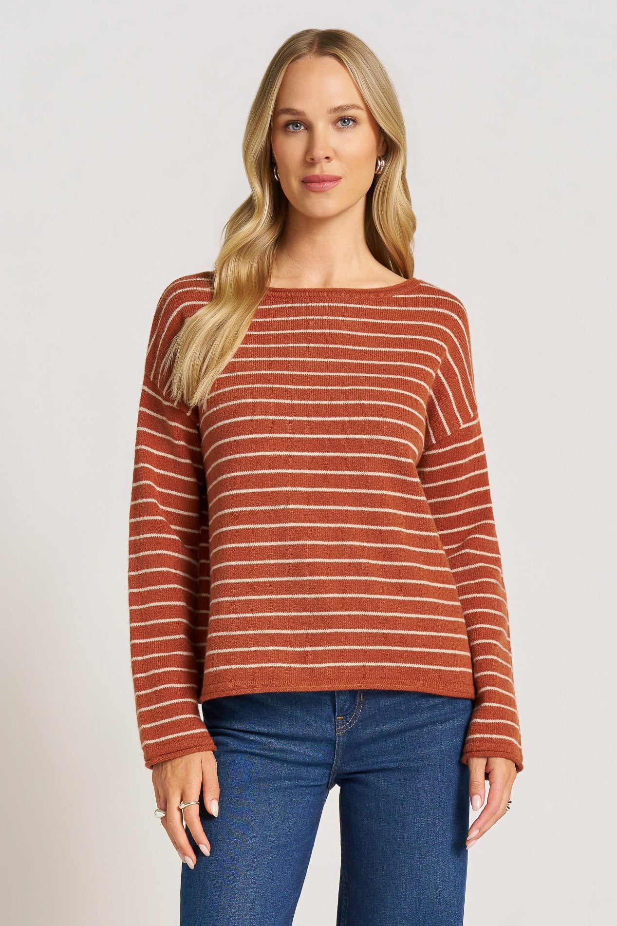 STRIPE BOAT NECK SWEATER - TERRACOTTA/TOAS - Wholesale boho from mattym, 