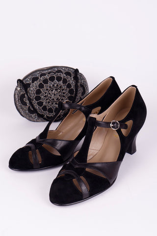 1930s evening shoe with T-strap crafted from leather and suede - Black - Wilma - Wholesale footwear from Memery, Denmark