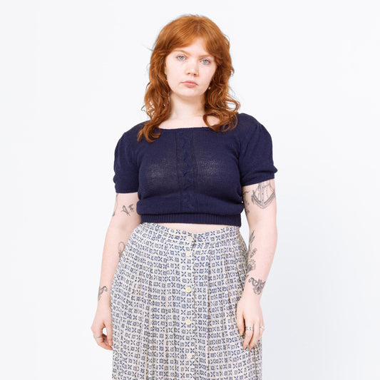 Vintage 70s Navy Blue Knit Crop Top - Small to Medium - Wholesale casual from NC Vintage Wholesale, United States