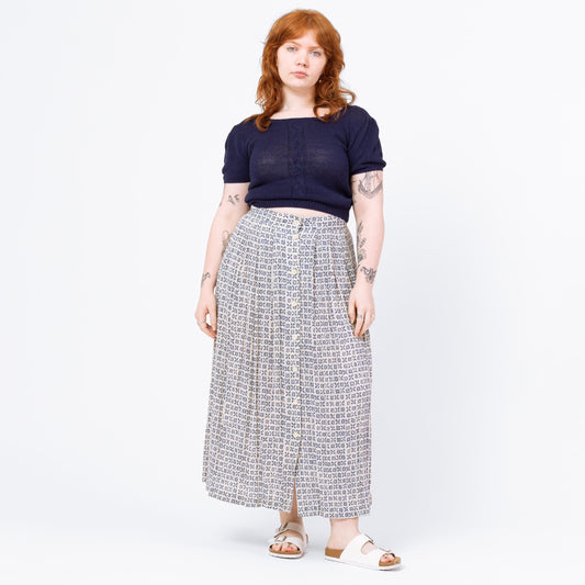 Vintage 90s Blue & White Geometric Print Maxi Skirt - Large, 32"-34" Waist - Wholesale casual from NC Vintage Wholesale, United States