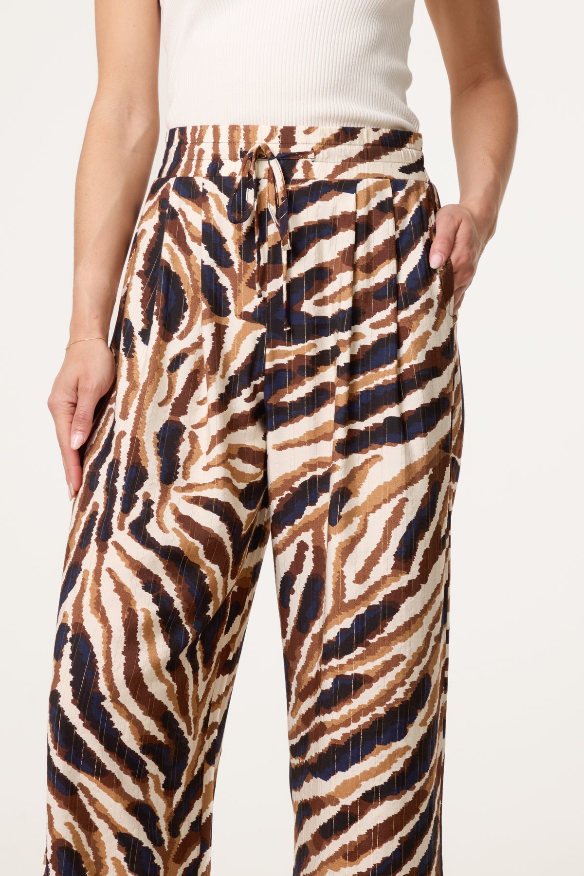 Tiger Print With Metallic Detail Drawstring Wide Leg Trousers - Wholesale boutique from Nova of London, United Kingdom