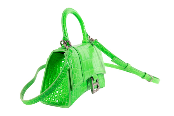 Balenciaga Bright Green Croc Embossed Hourglass XS with Silver Hardware - Wholesale accessories from On Que Style, United States