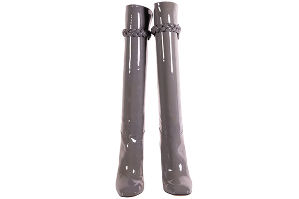 Valentino Gray Patent Leather Tall Boots with Chain Detail Size 37.5 - Wholesale accessories from On Que Style, United States
