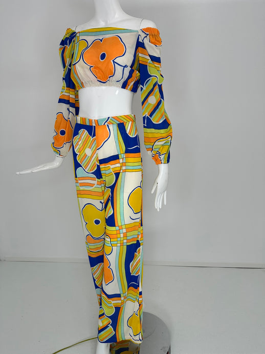 1960s 2pc Wild Print Long Sleeve Crop Top & Matching Pant Set Small - Wholesale accessories from Palm Beach Vintage, United States