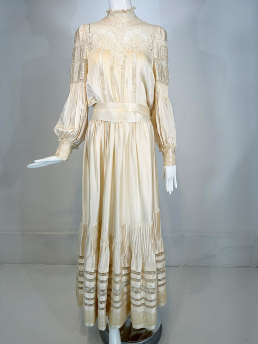 1970s Ivory Silk Satin & Lace Hand Made Victorian Style Wedding Dress Medium - Wholesale accessories from Palm Beach Vintage, United States