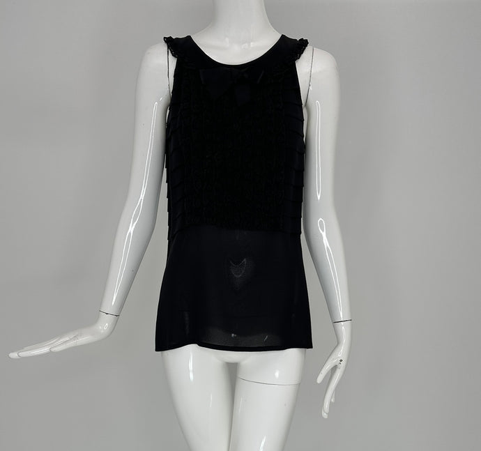 Chanel Boutique Black Lace Bib Front Bow Neck Pleated Sleeveless Top Small - Wholesale accessories from Palm Beach Vintage, United States