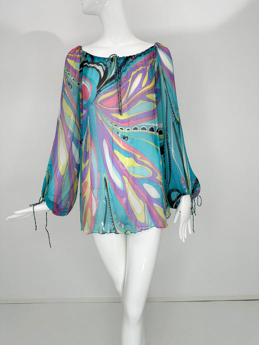 Emilio Pucci Turquoise Print Sheer Silk Chiffon Drawstring Peasant Blouse 6 - Wholesale accessories from Palm Beach Vintage, United States