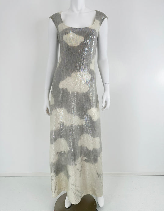 Halston Iconic Clouds Dress in Stormy Grey & Cream Iridescent Sequins Mid 1970s - Wholesale designer from Palm Beach Vintage, United States