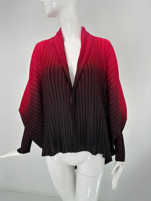 Issey Miyake Pleats Please Red to Black Ombre' Shawl Collar Bat Wing Jacket - Wholesale designer from Palm Beach Vintage, United States