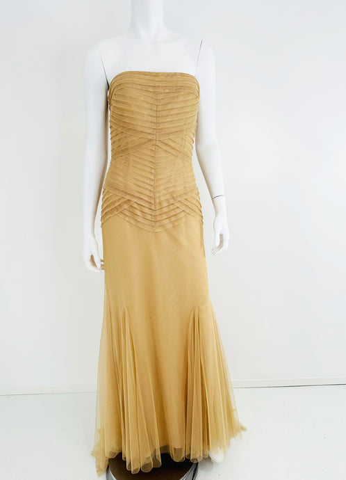 Vera Wang Nude/Champagne Tulle Strapless Pleated Torso Gown with Train 10 - Wholesale designer from Palm Beach Vintage, United States