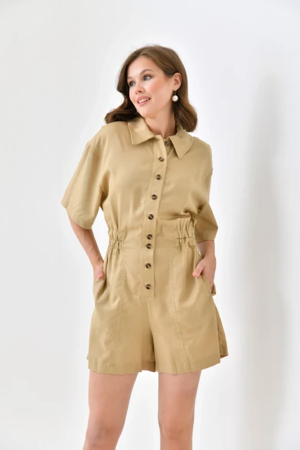Kadın Düşük Kollu Bel Lastikli Düğme Detay Tencel Tulum - Wholesale designer from Parkkaron, Turkey