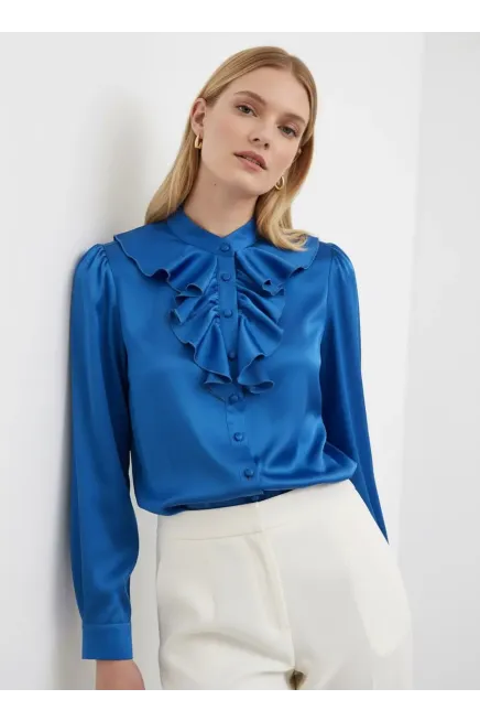 Kadın Hafif Dökümlü Volanlı Yaka Saten Gömlek 33033 - Wholesale designer from Parkkaron, Turkey