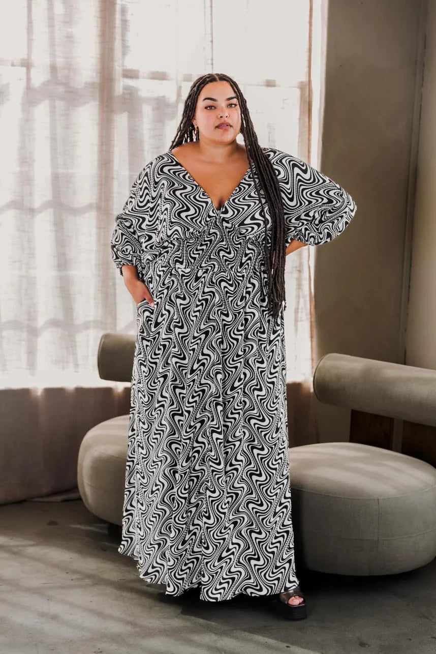 byVINNIK Colla Voce Dress in B&W; Swirl - Wholesale budget from Plus BKLYN, United States