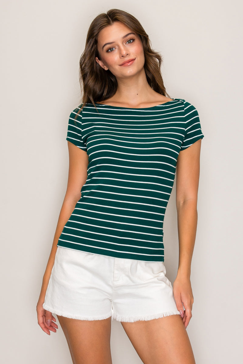 Striped Rib Boat Neck Short Sleeve Top - Wholesale budget from Popular 21, United States