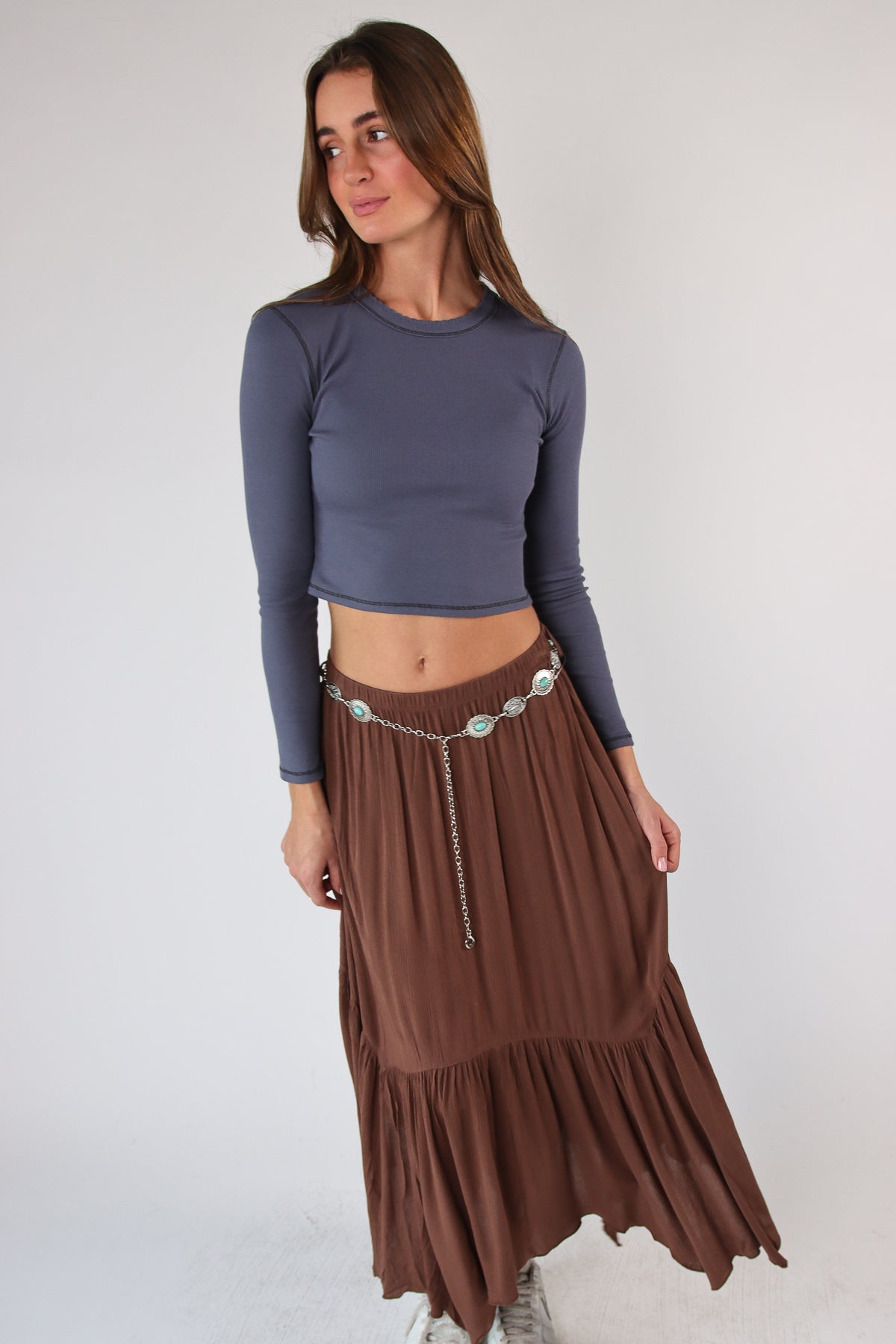 Turquoise Belt Hanky Hem Maxi Skirt - Wholesale 00s from Ragstock, United States