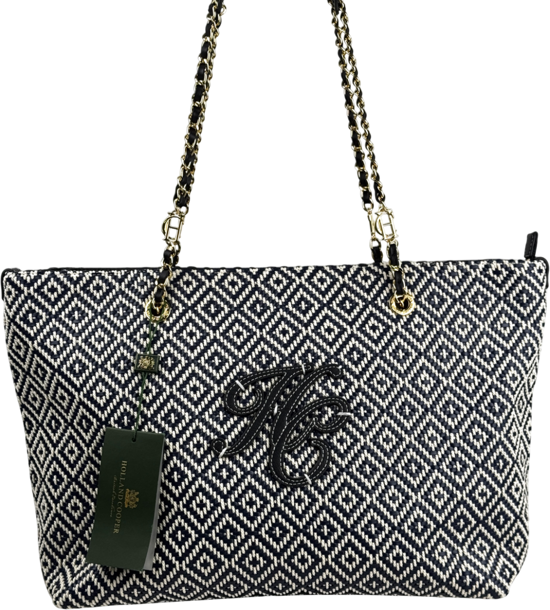 HOLLAND COOPER Amalfi Straw Woven Tote Bag - Navy Blue Geo - Wholesale budget from Reliked, United Kingdom