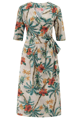 The 'Vivien' Full Wrap Dress in Tiki Palm Print, Classic Late 1940s Early 50s Hawaiian Style - Wholesale dresses from Rock n Romance, United Kingdom