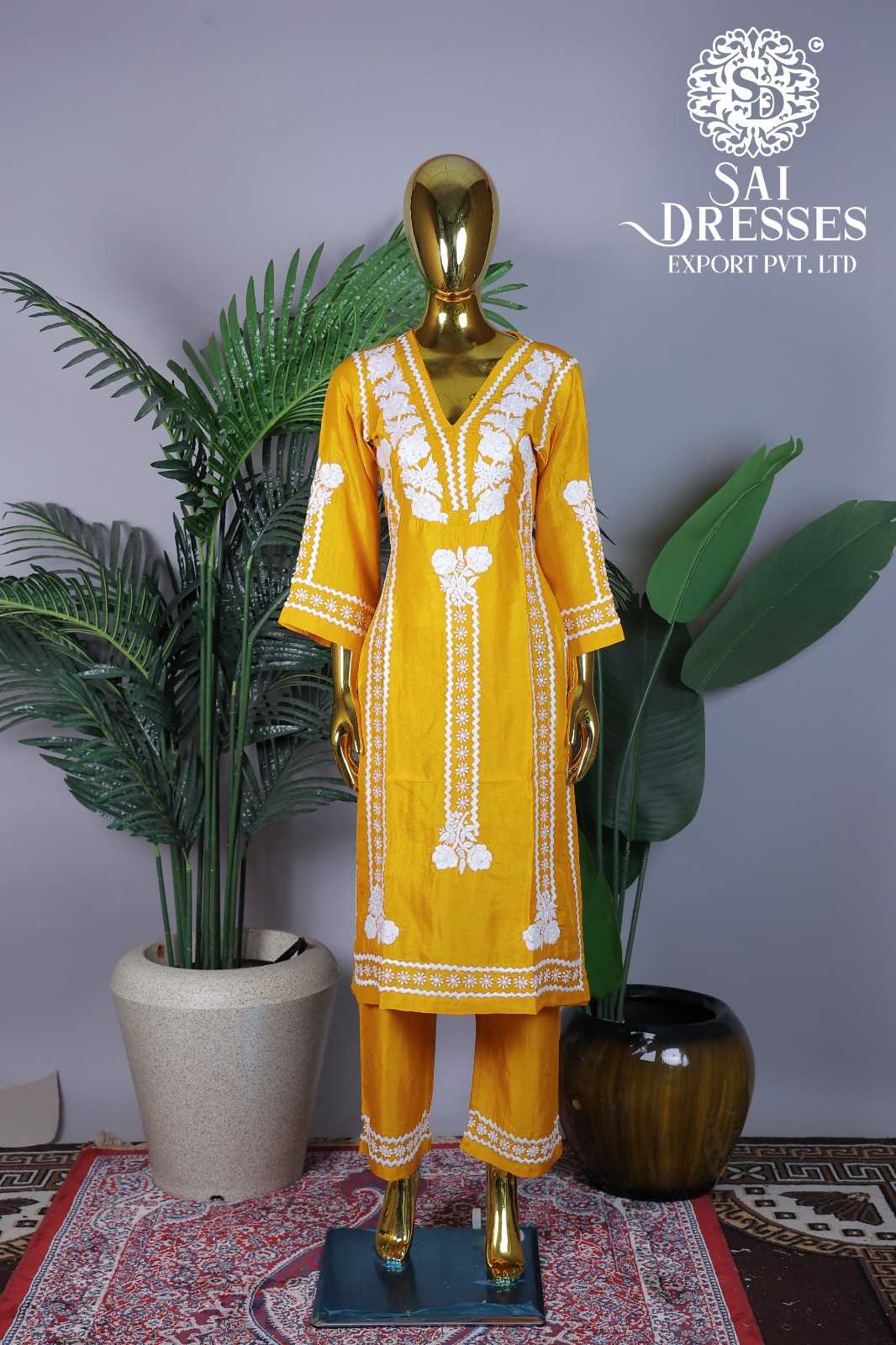 YELLOW LAKHNAVI WORK KURTI SET - Wholesale boho from Sai Dresses, India