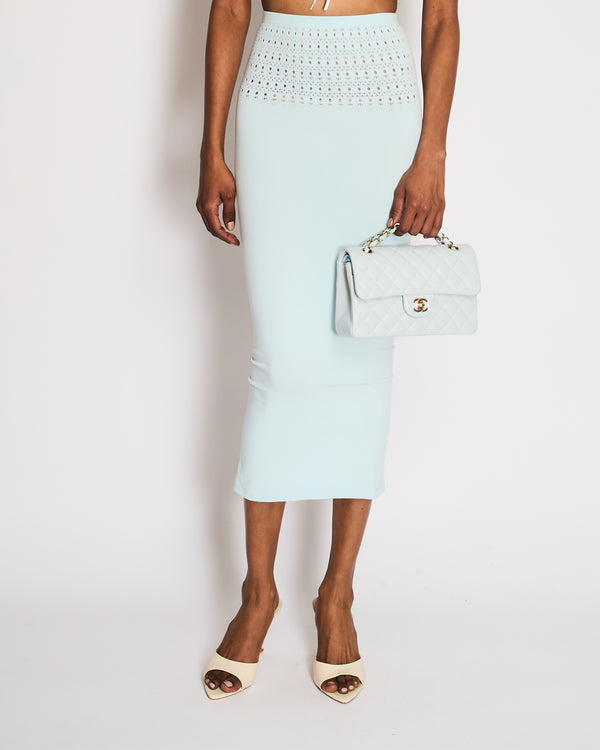 Alaïa Light Blue Perforated Technical Midi Skirt with Back Slit Detail Size FR 38 (UK 10) - Wholesale accessories from Sellier Knightsbridge, United Kingdom