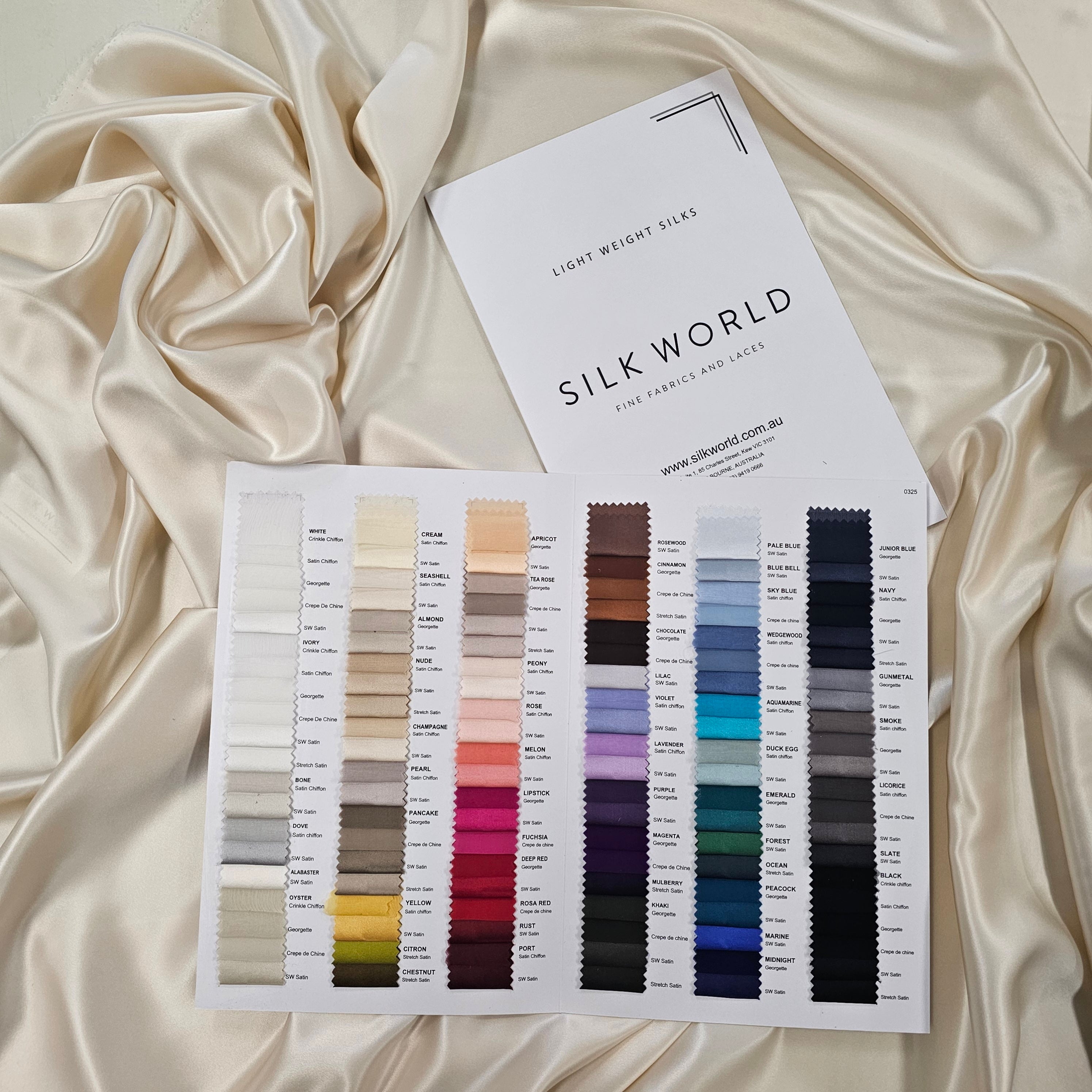Sample Card - Light Weight Mulberry Silks - Wholesale bridal from Silk World, Australia