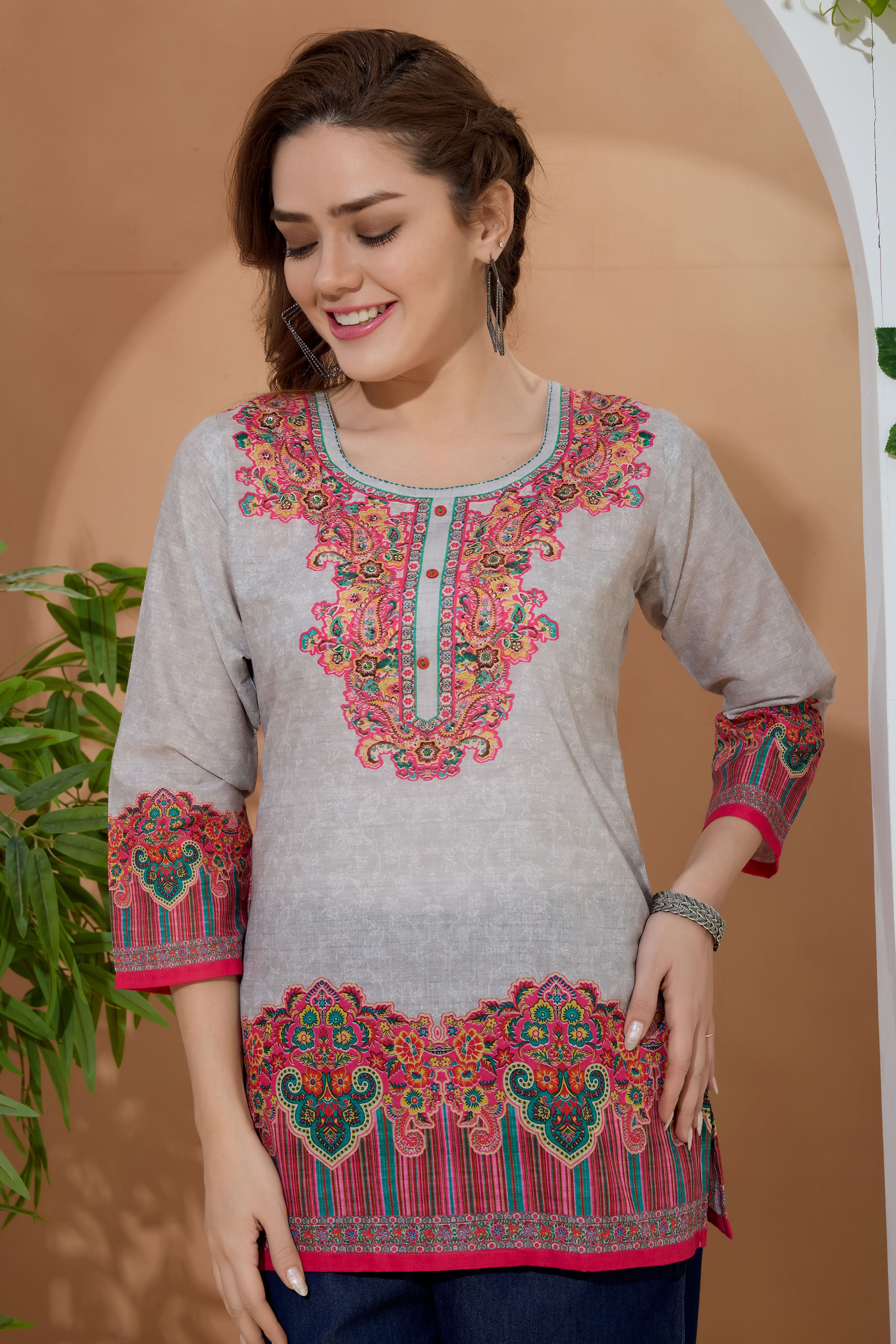 Beige Ethnic Print Cotton Round Neck Short Kurti - Wholesale boho from Snehal Creation, India