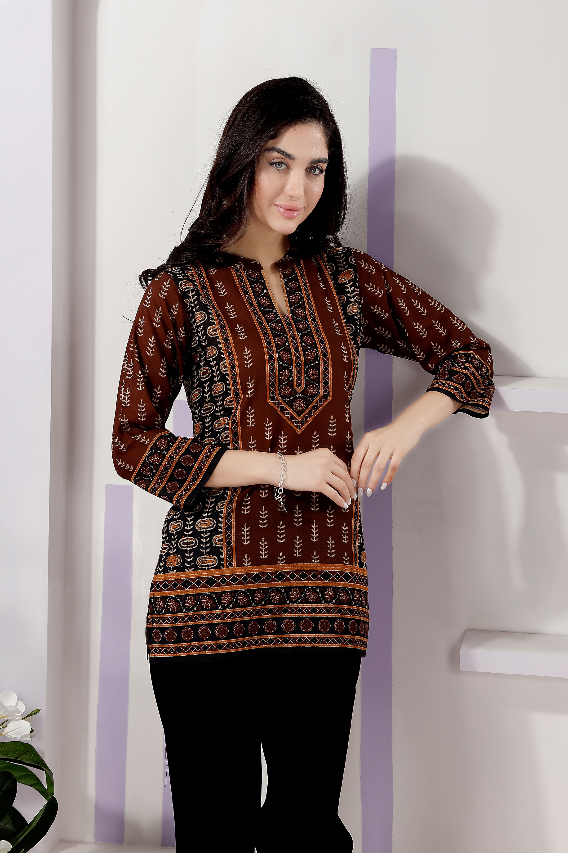 Brown Cotton Print Ban Collar Short Tunic Top - Wholesale boho from Snehal Creation, India