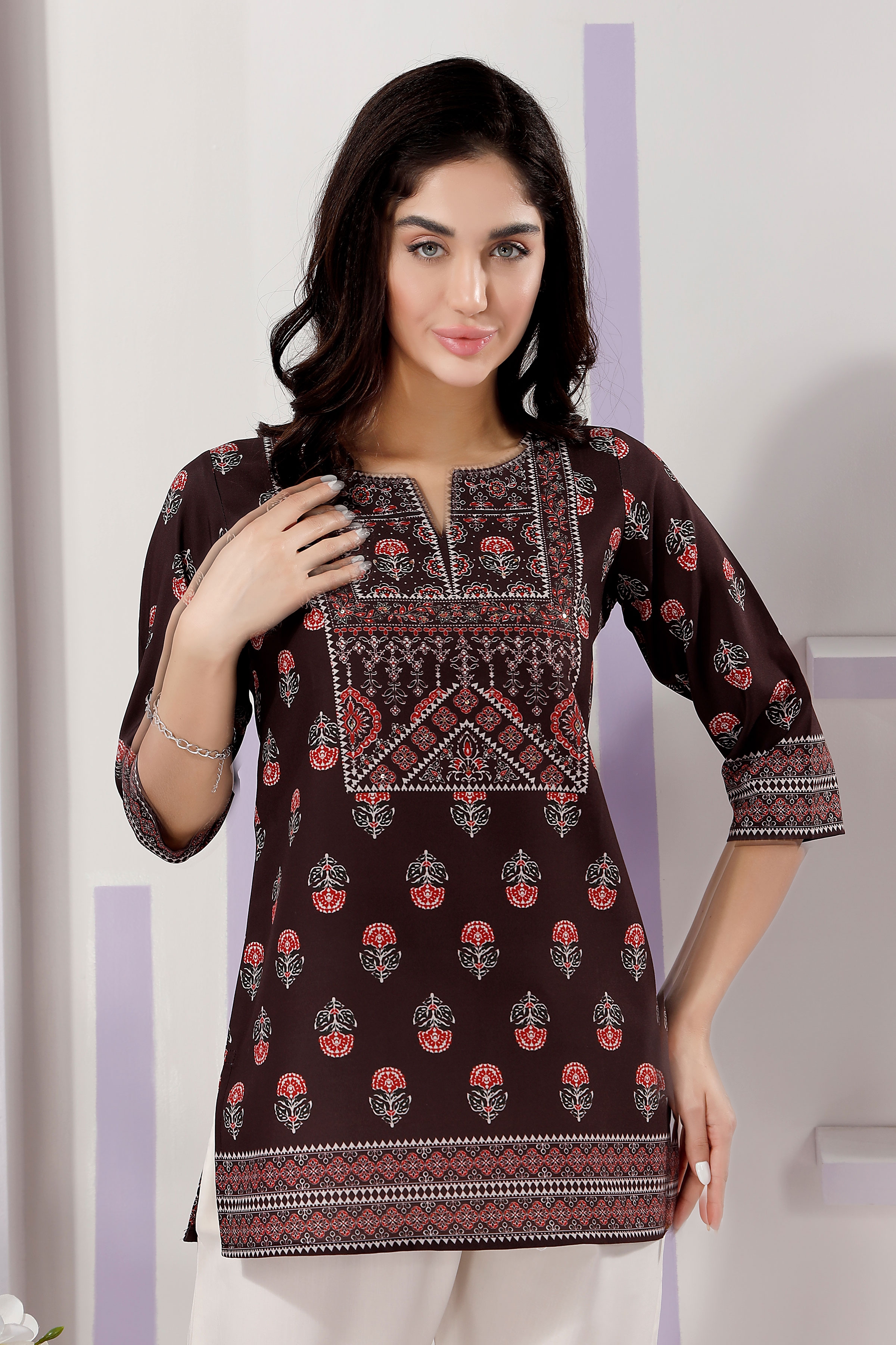 Brown Cotton Print Round Neck Short Tunic Top - Wholesale boho from Snehal Creation, India