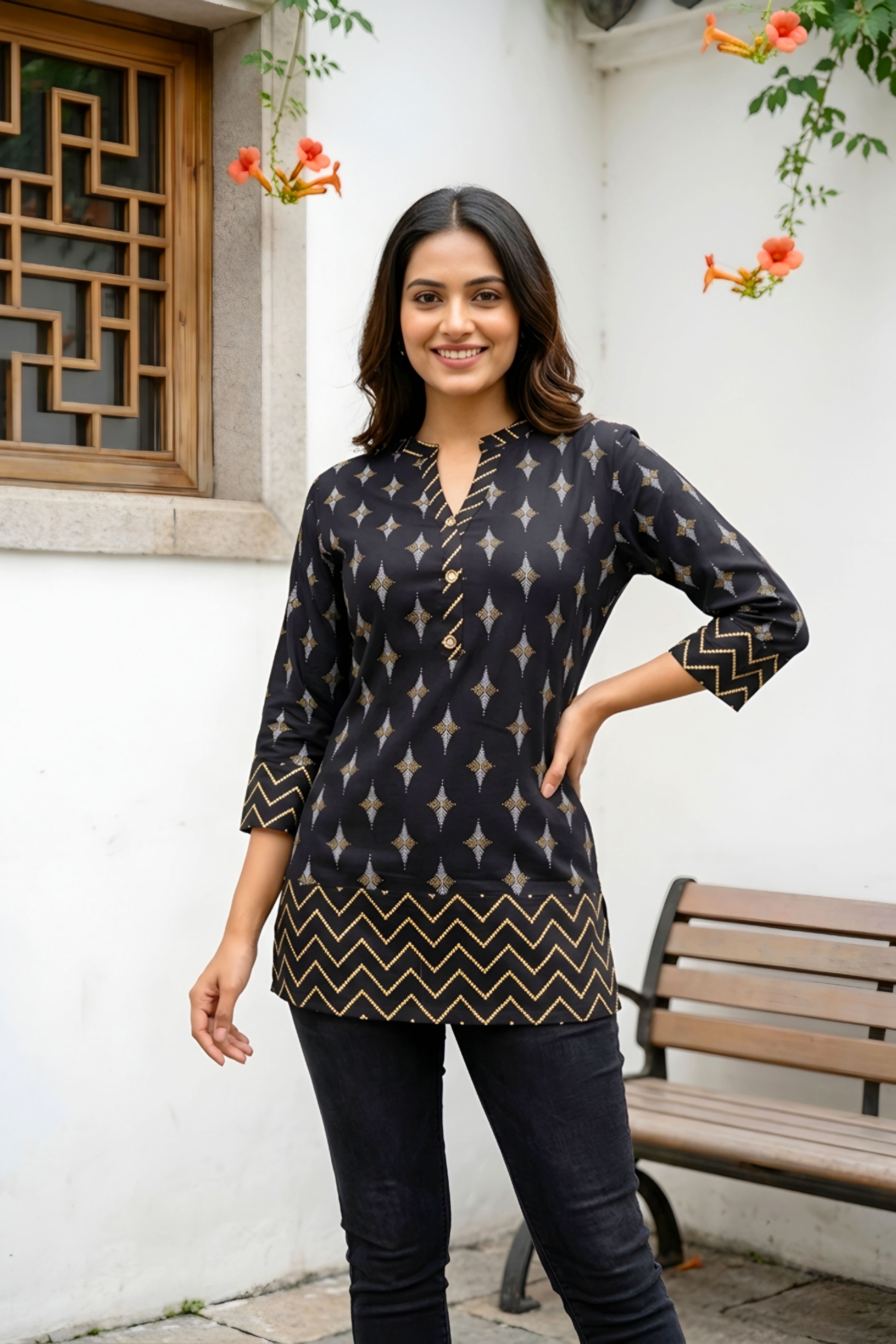 Womens Printed Black Rayon Kurti Top with Smart Fit Design - Wholesale boho from Snehal Creation, India