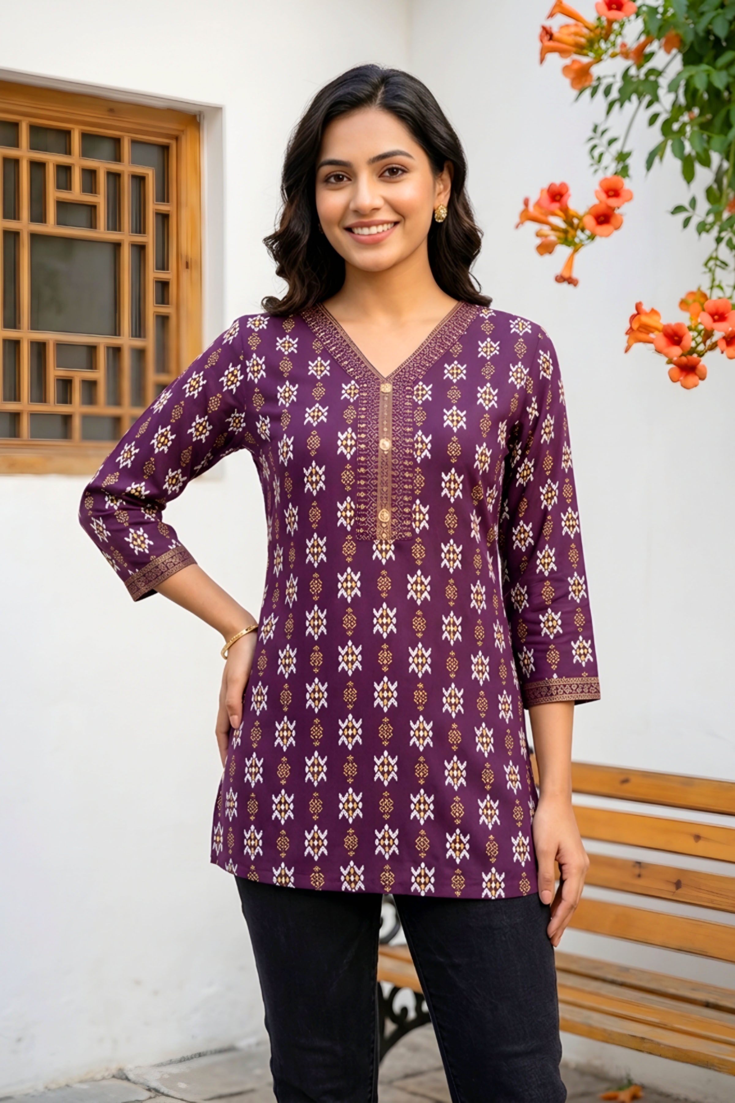 Womens Wine Rayon Short Kurti with Ikkat Print and V Neck - Wholesale boho from Snehal Creation, India