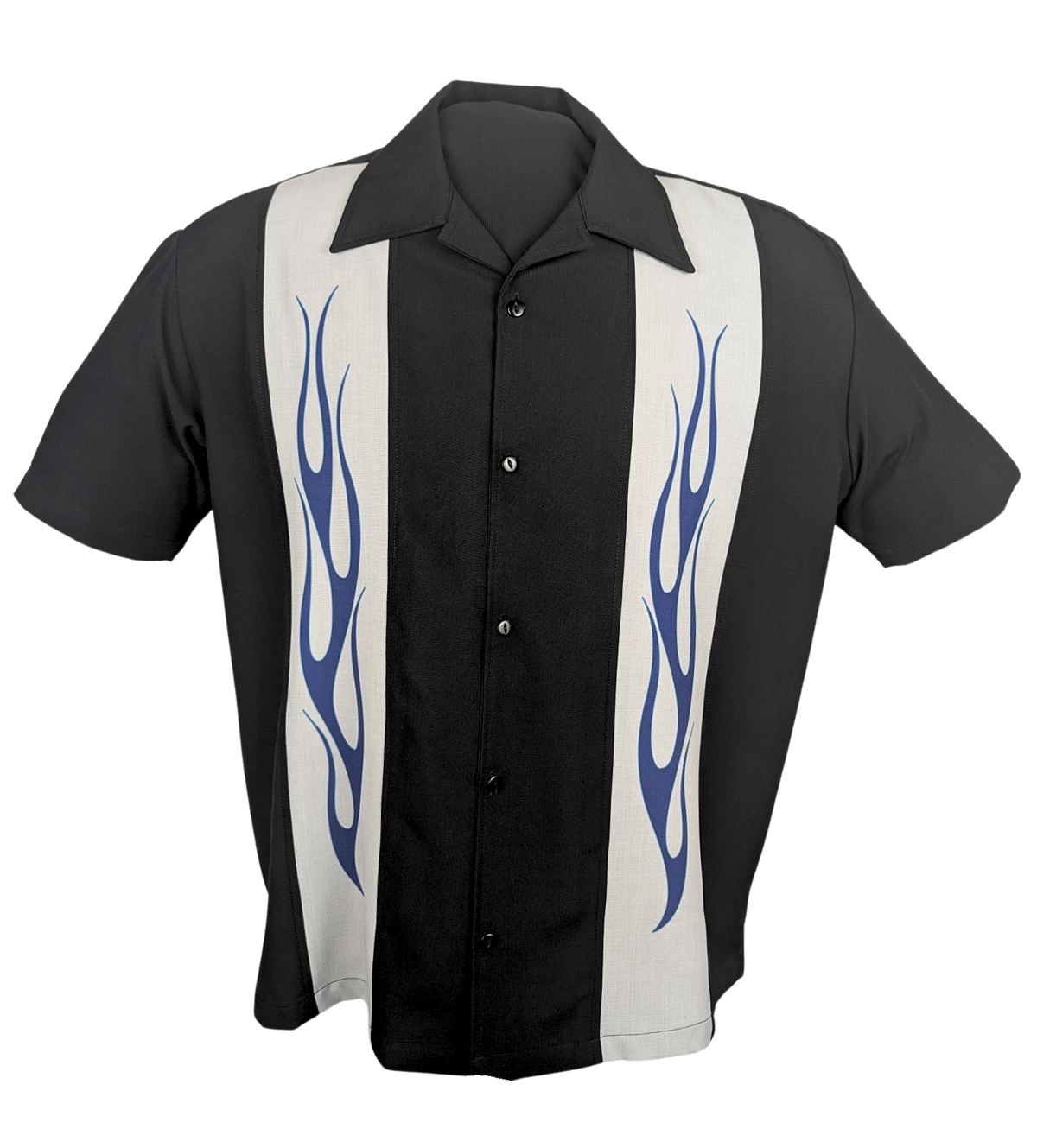 Flame N Hot Bowling Shirt in Black w/Silver/Blue - Wholesale boutique from Steady Clothing, United States