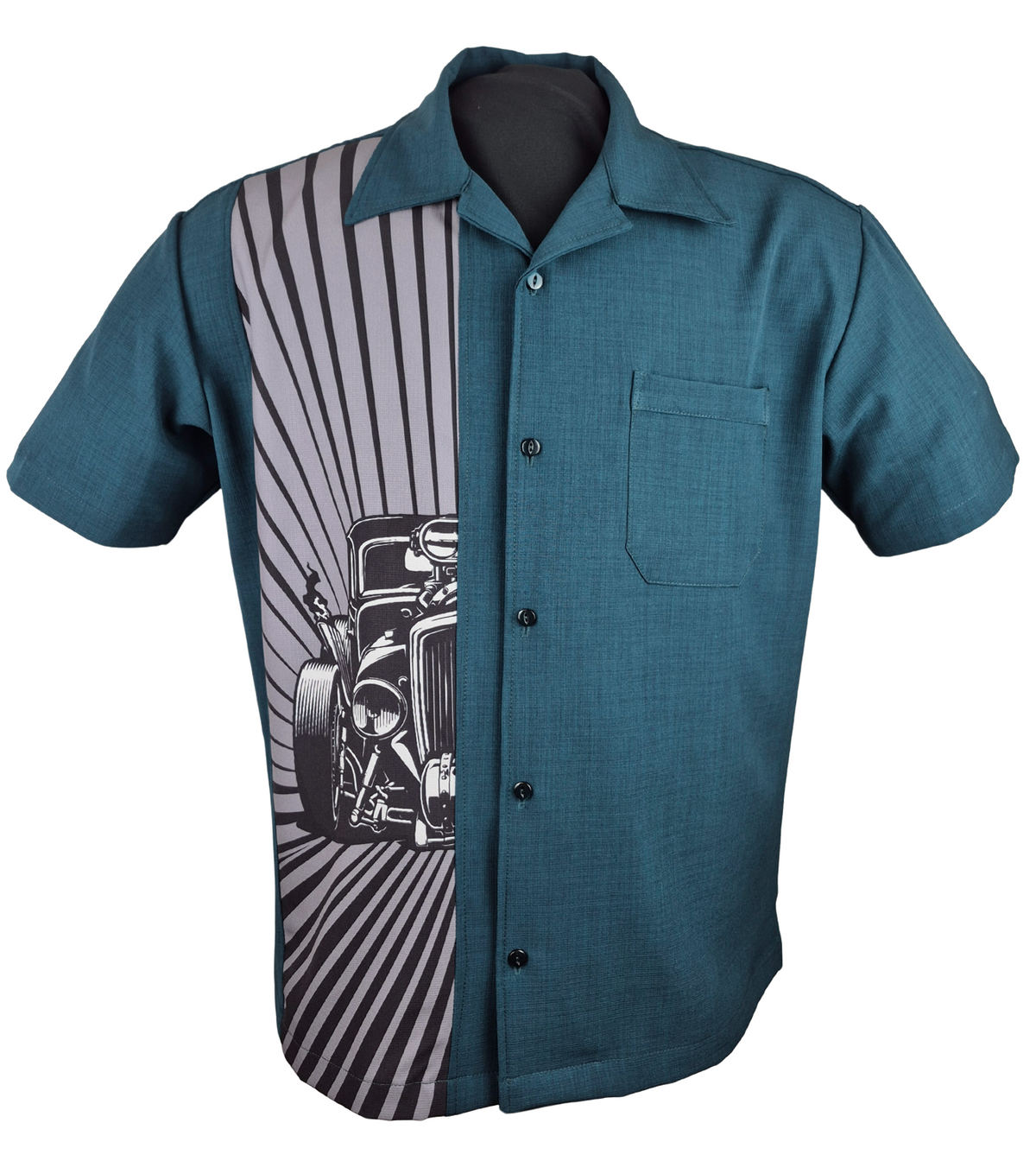 Hot Rod Burst Bowling Shirt in Teal - Wholesale accessories from Steady Clothing, United States