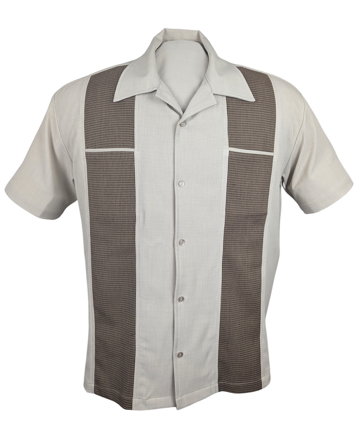 Houndstooth Panel Bowling Shirt in Stone - Wholesale boutique from Steady Clothing, United States