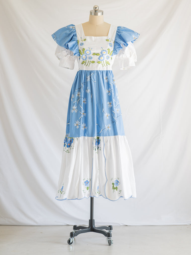Re-design Upcycled Blue Pansy White Daisy Embroidery Midi Dress - Wholesale boho from Sugar Cream Vintage, Thailand