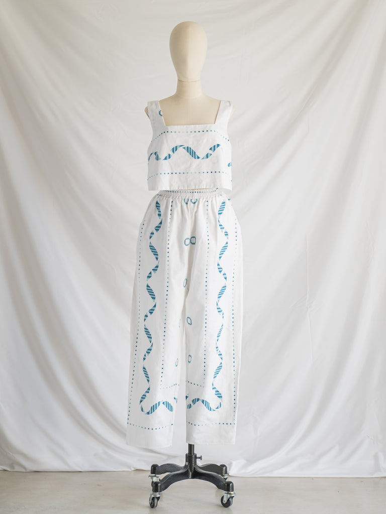 Re-design Upcycled Blue Spiral Embroidery Top Trouser Set - Wholesale boho from Sugar Cream Vintage, Thailand