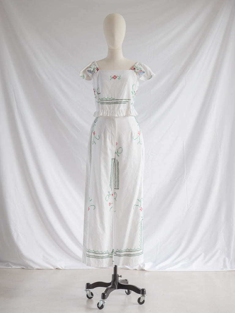 Re-design Upcycled Green Cross Stitch Embroidery White Set - Wholesale accessories from Sugar Cream Vintage, Thailand