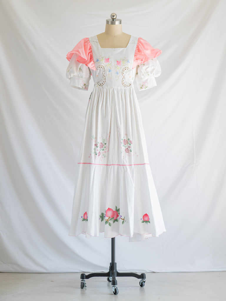 Re-design Upcycled Square Neck Peach Ruffles White Maxi Dress - Wholesale accessories from Sugar Cream Vintage, Thailand