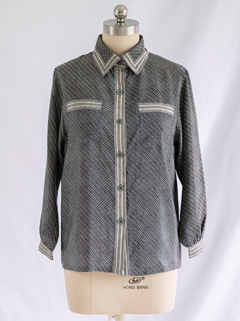 Vintage Grey Knit Print Chiffon Blouse - Wholesale boho from Sugar Cream Vintage, Thailand