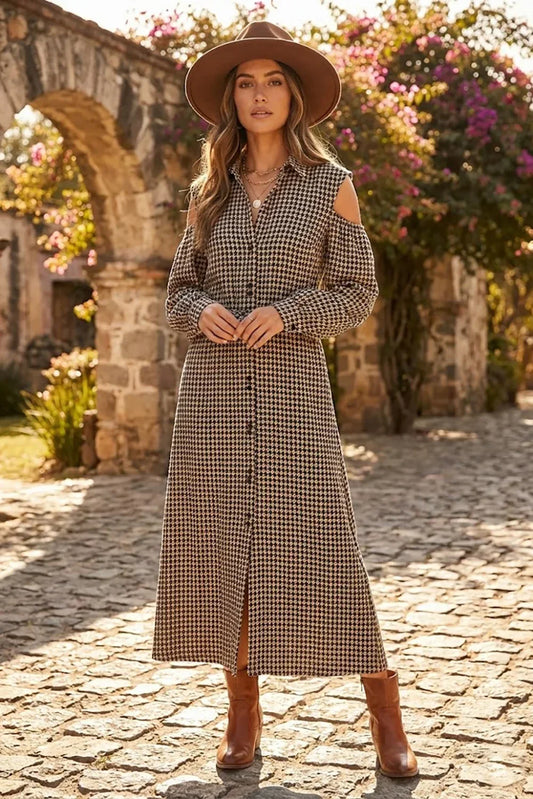 Houndstooth Print with Belt Cold Shoulder Long Sleeve Midi Maxi Shirt Dress - Wholesale boho from Tasha Apparel, United States