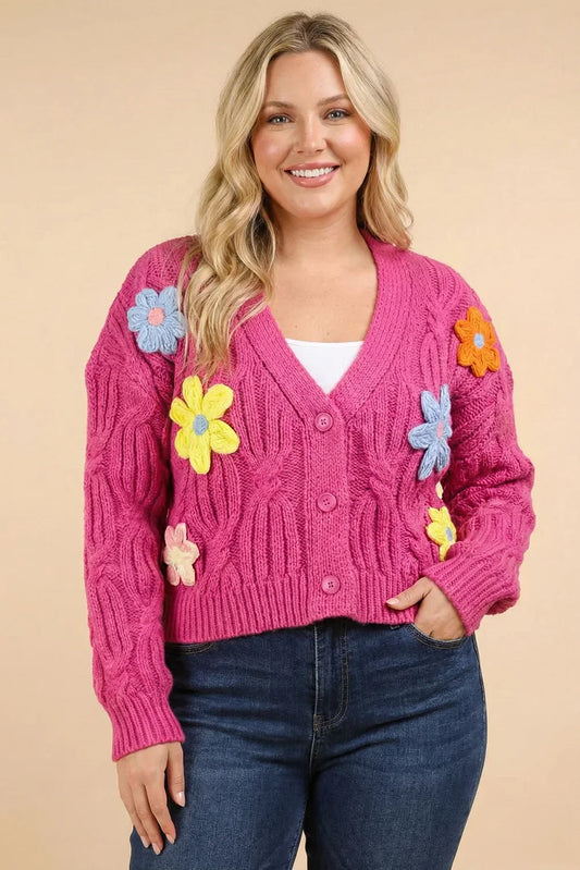 Plus Size Hand-Made Floral Applique Embroidered Cable Knit Cardigan - Wholesale boho from Tasha Apparel, United States