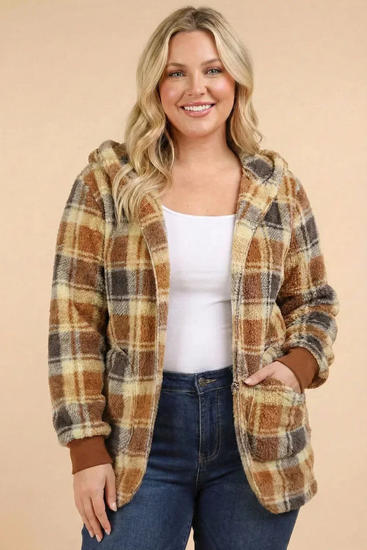 Trendy Oversized Plaid Sherpa Fleece Hooded Shacket Layering Jacket - Wholesale boho from Tasha Apparel, United States
