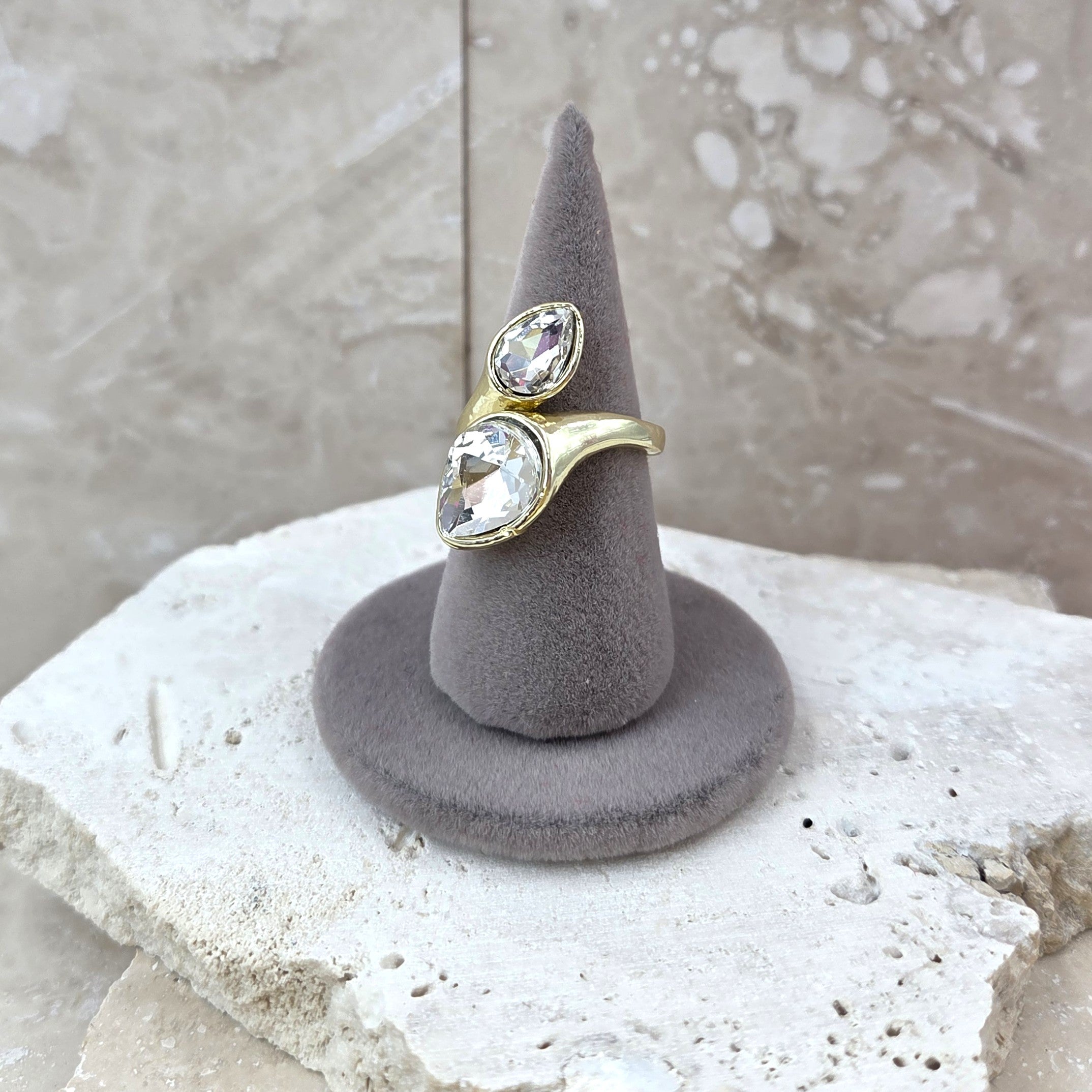 Drop shape due crystal open ring - Wholesale accessories from Tempest Designs, United Kingdom