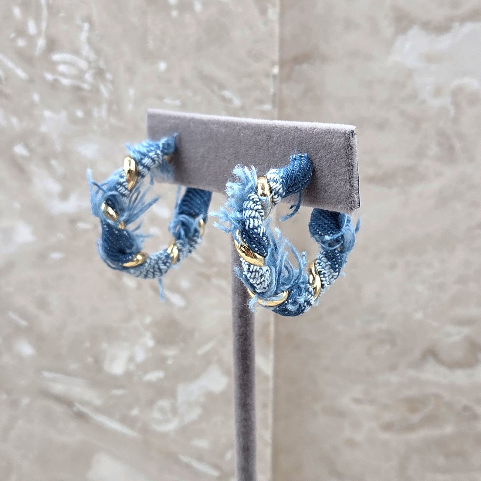 Raw edge denim hoop earrings with metal strand running through - Wholesale accessories from Tempest Designs, United Kingdom