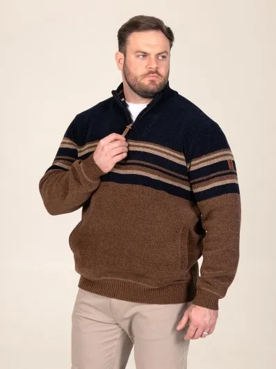 HEATH-D555 1/4 Zip Stripe Knitted Jumper With Bonded Check Lining & Lower Pockets - Wholesale casual from The Duke Clothing Co., United Kingdom
