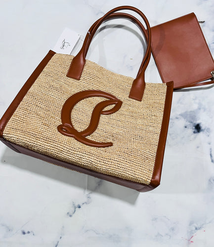 Christian Louboutin Large Top Handle Leather-Trimmed Raffia Tote - Wholesale designer from The Millionaires Closet, United States