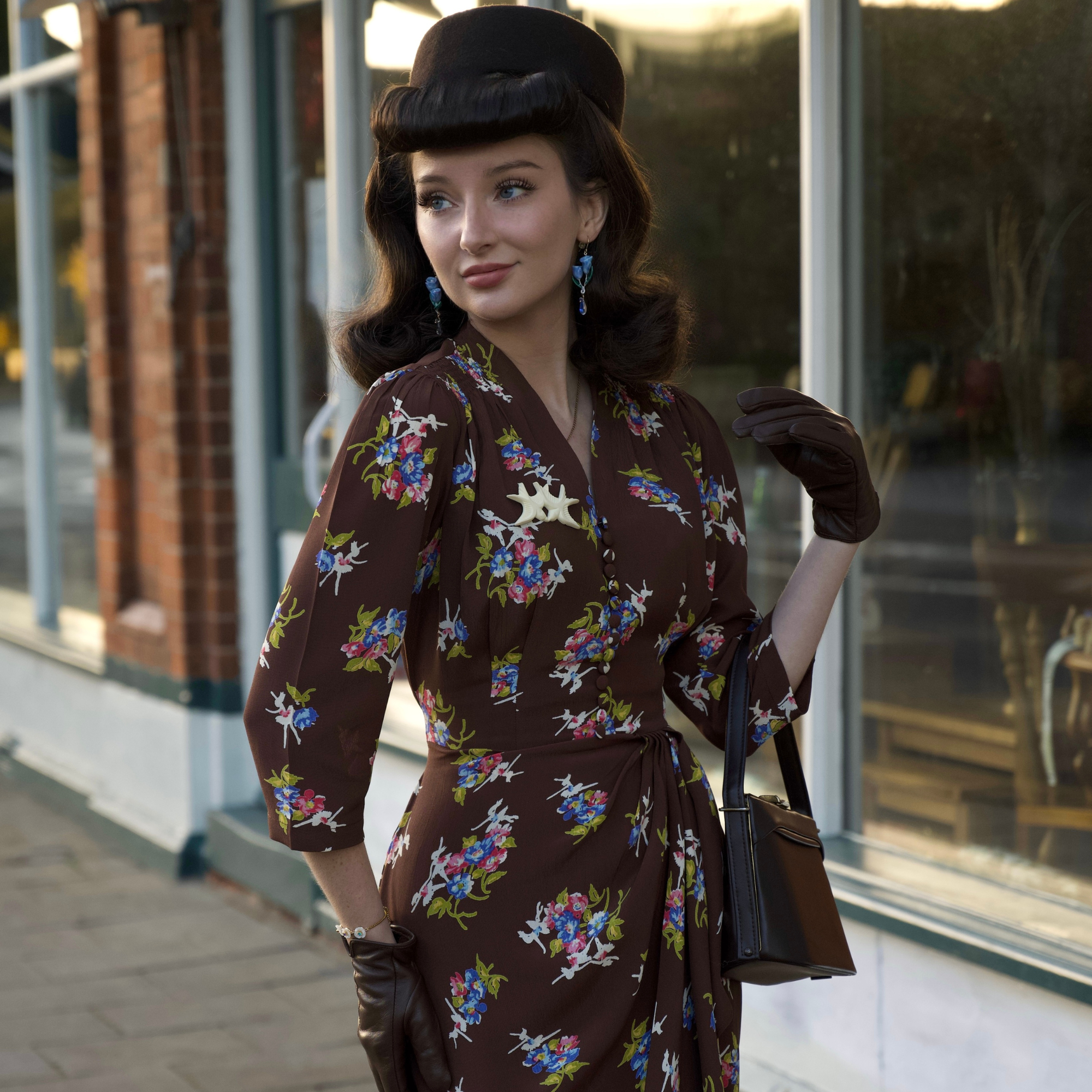 Mabel 3/4 Waterfall Dress in Brown Floral Dancer - Wholesale accessories from The Seamstress of Bloomsbury, United Kingdom
