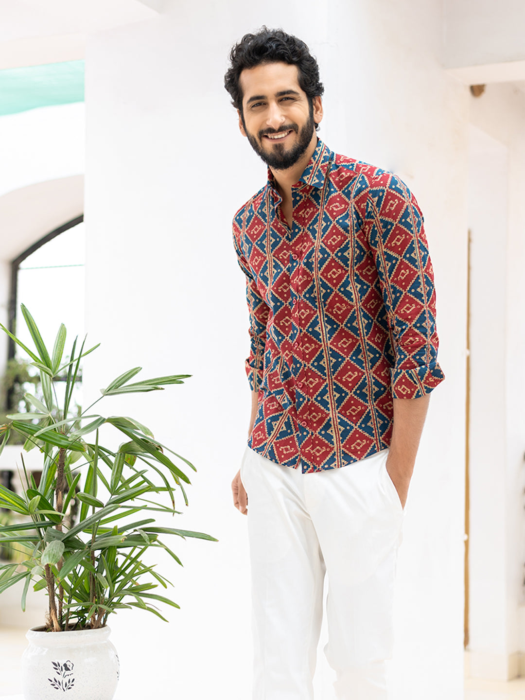 Red & Blue Jaipuri Full Sleeves Cotton Printed Shirt - Wholesale budget from Tistabene, India