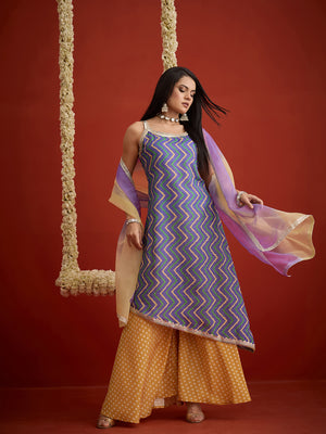 Chevron Printed Pure Cotton Asymmetric Kurta Palazzo Dupatta Set - Wholesale 80s from Trendphoria, India