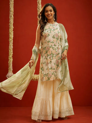 Floral Printed Cotton Straight Short Kurti Sharara Dupatta Set - Wholesale 80s from Trendphoria, India