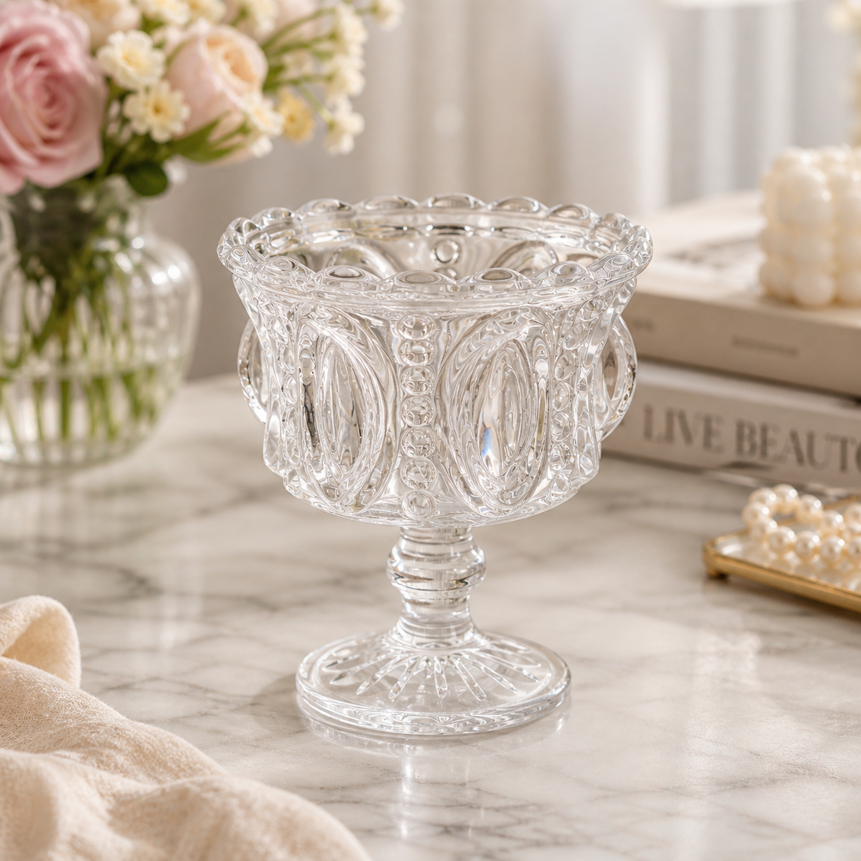 Classic Pressed Glass Pedestal Serving Bowl - Wholesale boho from Vagabond Vintage, United States