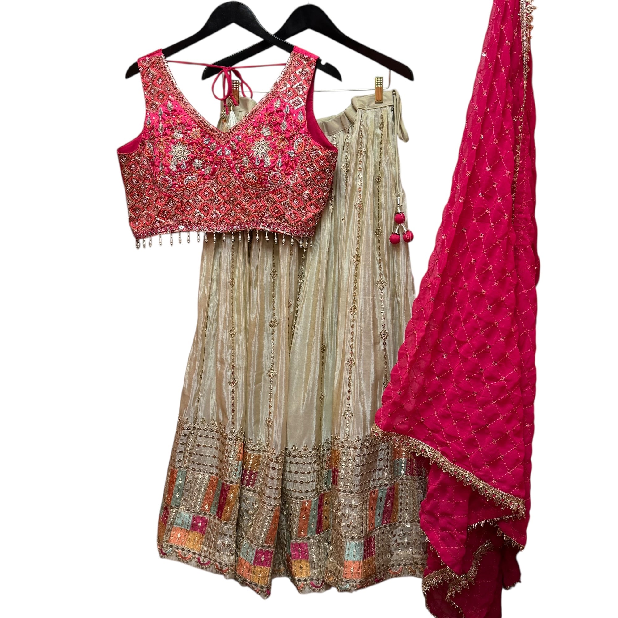 Bright Pink & Gold Embroidered Lehenga Set - Wholesale accessories from Vintage India NYC, United States